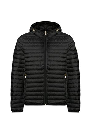 Veste matelassée noire à capuche avec fermeture éclair frontale et poches latérales zippées, conçue pour temps froid.