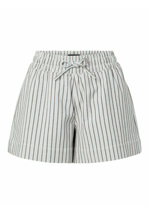 Shorts rayés verticaux bleu clair et blanc avec taille élastique et cordon à l'avant.