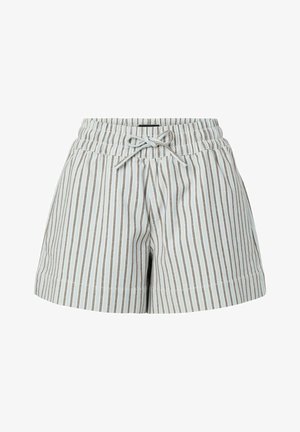 Shorts rayés verticaux bleu clair et blanc avec taille élastique et cordon à l'avant.