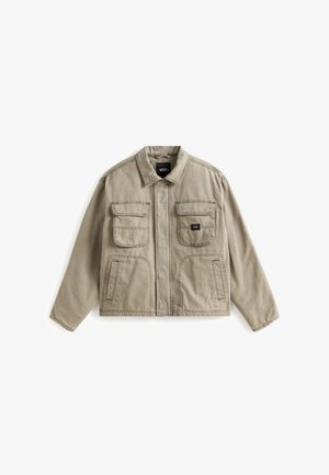 Hellbeige Jacke mit langen Ärmeln, zwei Brusttaschen, Seitentaschen und einem Reißverschluss. Hergestellt aus robustem Baumwollstoff, mit klassischem Kragen.