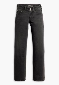 Jean denim noir présentant une coupe droite, un style cinq poches et des accessoires en métal robustes avec une texture lisse.