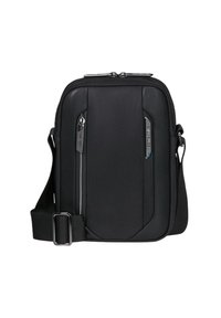 Borsa a tracolla nera con esterno testurizzato, doppie tasche frontali con zip e tracolla regolabile. Design compatto e rettangolare.