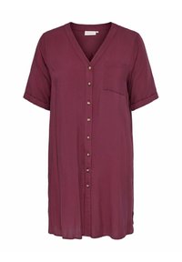 Camicia bordeaux con colletto a V, maniche corte, taschino singolo e tessuto liscio e leggero. Presenta bottoni decorativi in metallo.
