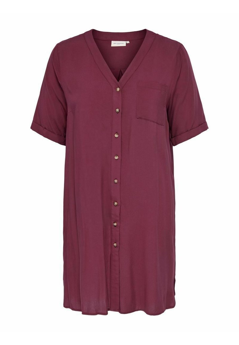 Camicia bordeaux con colletto a V, maniche corte, taschino singolo e tessuto liscio e leggero. Presenta bottoni decorativi in metallo.