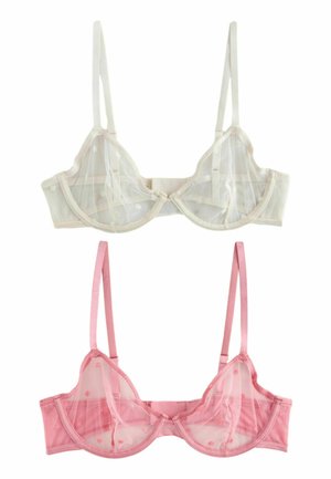 Zwei transparente BHs mit Blumenstickerei, einer cremefarben mit weißen und gelben Blumen, einer rosa mit passenden rosa Blumen, beide mit verstellbaren Trägern.