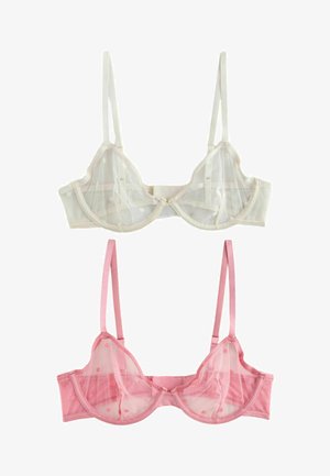 Két áttetsző melltartó virágos hímzéssel, az egyik krémszínű fehér és sárga virágokkal, a másik rózsaszín, hozzáillő rózsaszín virágokkal, mindkettő állítható pántokkal.