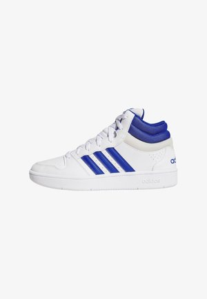 White high-top sneaker featuring blue accents, three blue stripes on the side, textured leather and mesh materials, with a rubber sole.