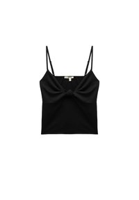 Top corto negro con tirantes delgados ajustables, que presenta un detalle de nudo en el frente y una tela texturizada, ofreciendo una silueta ajustada.