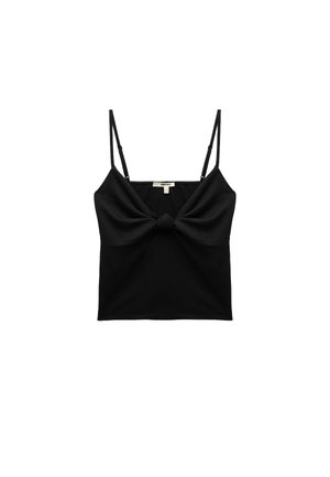 Zwart cropped top met dunne verstelbare bandjes, voorzien van een knoopdetail aan de voorkant en een gestructureerde stof, die een aansluitende silhouet biedt.