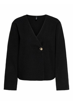 Sort langærmet cardigan med V-hals og enkelt dekorativt guldknaplukning foran i midten.