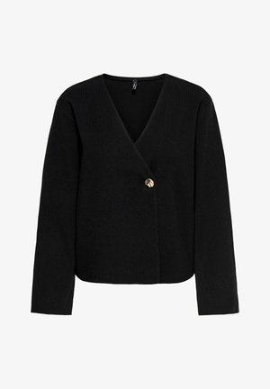 Cardigan noir à manches longues avec un col en V et une fermeture décorative à un bouton doré centré à l'avant.