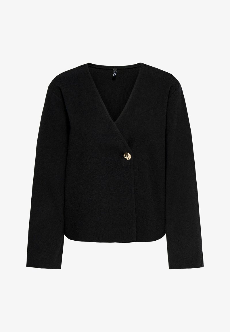 Mustast pikast varrukast kardigan, millel on V-kaelus ja ees keskel üks dekoratiivne kuldne nööp.