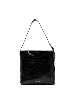 Bolso de hombro rectangular de cuero negro con una sola correa, textura ligeramente brillante y el logo "JENNY" en el centro inferior.