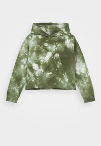 Zkrácená mikina s kapucí v zeleném tie-dye vzoru, vybavená velkou kapucí, dlouhými rukávy a žebrovanými manžetami. Měkký bavlněný materiál s volným střihem.