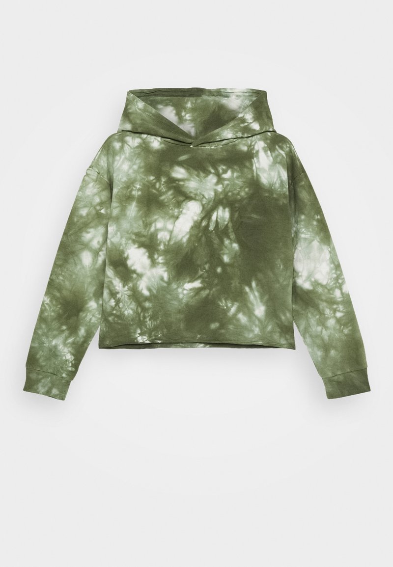 Zkrácená mikina s kapucí v zeleném tie-dye vzoru, vybavená velkou kapucí, dlouhými rukávy a žebrovanými manžetami. Měkký bavlněný materiál s volným střihem.