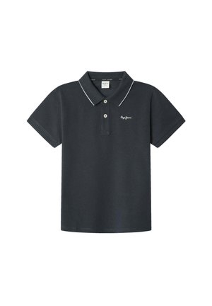 Sort polo t-shirt med korte ærmer, to knapper, hvid piping på kravekanter og lille hvid "Pepe Jeans" logo på venstre bryst.