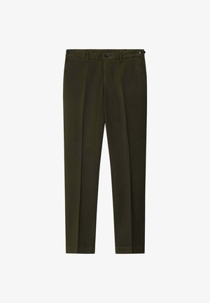 Olijfgroene katoenen broeken met een recht model, voorzien van twee voorzakken, knoopsluiting en subtiele textuur.