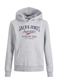 Felpa grigia con tasca a marsupio sul davanti, caratterizzata dalla stampa in blu navy e bordeaux "JACK & JONES Superior STANDARD GOODS SAN FRANCISCO".