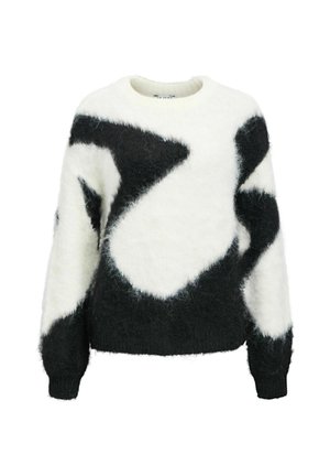 Pull noir et blanc avec une texture duveteuse, un col rond et des motifs abstraits de couleurs contrastantes sur le devant et les manches.