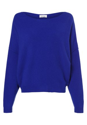Lyseblå langærmet sweater med bred rund halsudskæring og ribkanter ved ærmer og kant, vist på hvid baggrund.