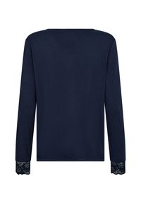 Navy long-sleeve top with a round neckline and lace-accented cuffs. Smooth fabric texture, regular fit.