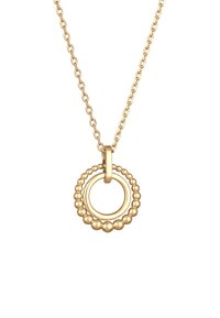 Guldfarvet halskæde med en kæde og en rund vedhæng med en perlekant og en glat indre ring. Blank finish.