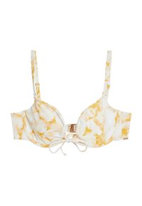 Geel en wit patroon bikini-top met onderbust, verstelbare bandjes en een voorste strikdetail, voorzien van een goudkleurige sluiting.