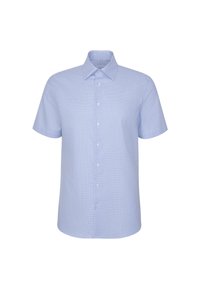Chemise à manches courtes à petits carreaux bleu et blanc, boutonnée, avec un col pointu, présentée sur un fond blanc uni.