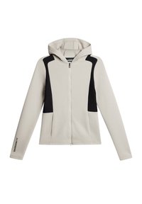 Ljusgrå zip-up hoodie i strukturerad tyg, med svarta panelinsatser, huva och två framfickor. Varumärkeslogotyp på ärmen.