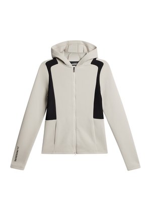 Jasnoszara bluza z zamkiem, wykonana z fakturowanej tkaniny, z czarnymi akcentami, kapturem i dwiema przednimi kieszeniami. Logo marki na rękawie.