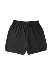 Mustat urheilushortsit, joissa on joustava vyötärönauha, sileä pinta ja sininen, keltainen ja valkoinen koristeviiru sivuilla.