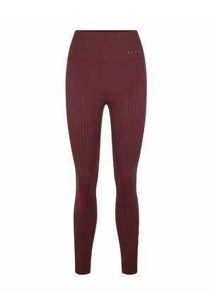 Leggings bordeaux taille haute sans coutures avec motifs en maille texturée sur les cuisses et les genoux, conçus pour un ajustement confortable et près du corps.