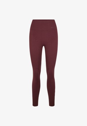 Leggings bordeaux taille haute sans coutures avec motifs en maille texturée sur les cuisses et les genoux, conçus pour un ajustement confortable et près du corps.