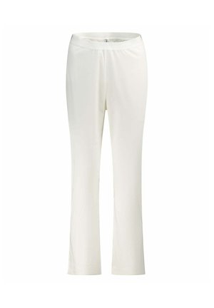 Pantaloni bianchi vita elastica con gamba dritta in tessuto liscio, mostrati su uno sfondo bianco semplice.
