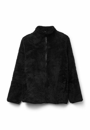 Black fleece jacket with a high collar and full zipper. Features a soft, plush texture, long sleeves, and a relaxed fit.