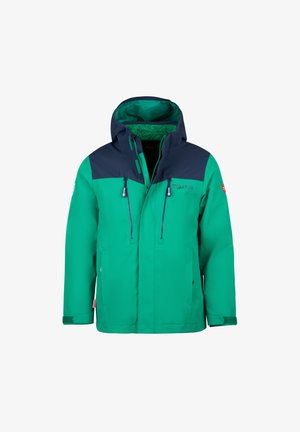 Green and navy waterproof jacket featuring a fleece-lined hood, zippered front, two pockets, and elastic cuffs. Designed for outdoor wear.