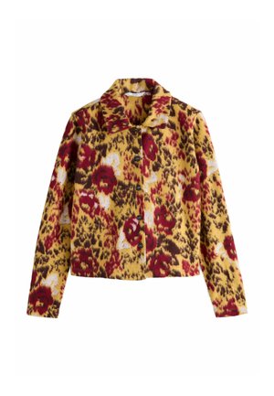 Fleece bunda s leopardím a květinovým vzorem v žluté, červené a hnědé barvě. Má límec a zapínání na knoflíky. Měkká textura.