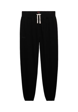 Pantalon de jogging noir avec cordon de serrage blanc, taille élastique et jambes fuselées avec poignets élastiques.