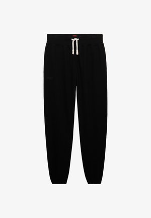 Czarne spodnie dresowe z białym sznurkiem, elastycznym pasem i zwężanymi nogawkami zakończonymi elastycznymi ściągaczami.