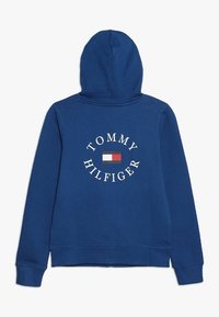 Felpa con cappuccio blu realizzata in tessuto morbido. Presenta un logo circolare con il testo "TOMMY HILFIGER" e un piccolo blocco di colore al centro.