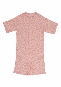 Vaaleanpunainen lyhythihainen uimapuku, jossa on leopardikuosiset koristemaalaukset, edessä vetoketju, pehmeä tekstuuri ja lyhyet lahkeet.