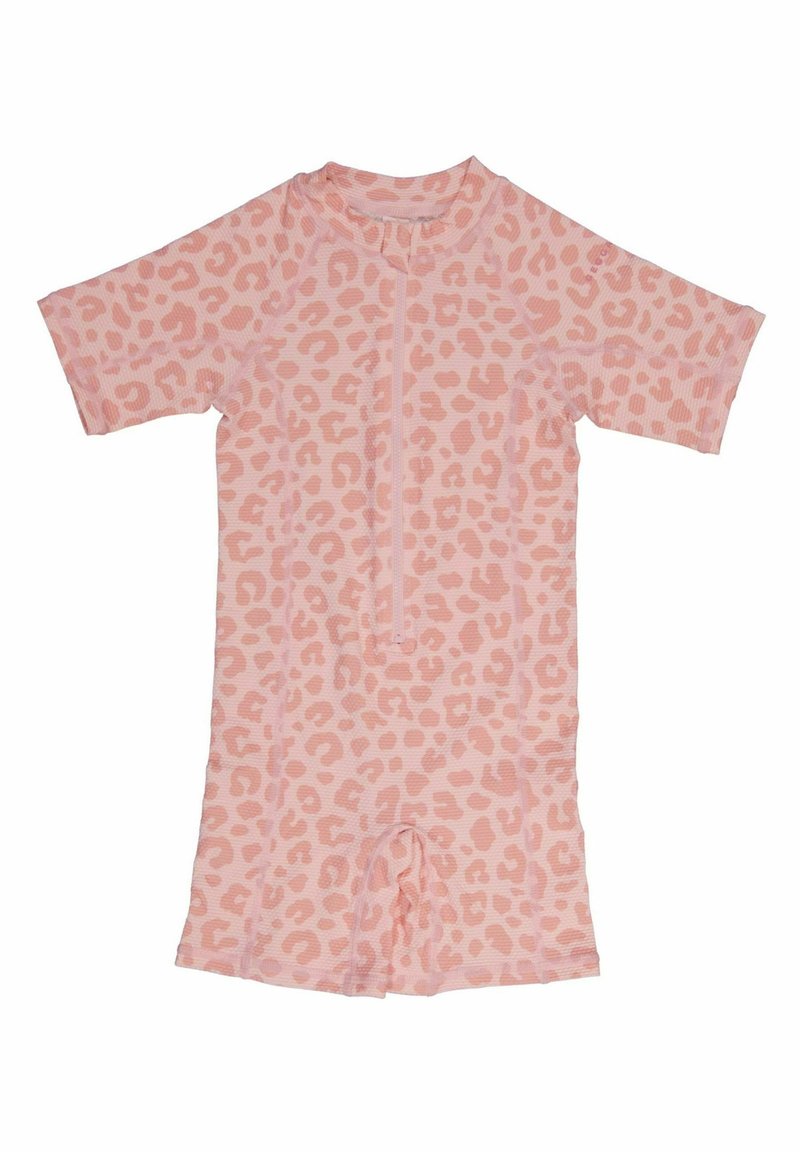 Vaaleanpunainen lyhythihainen uimapuku, jossa on leopardikuosiset koristemaalaukset, edessä vetoketju, pehmeä tekstuuri ja lyhyet lahkeet.