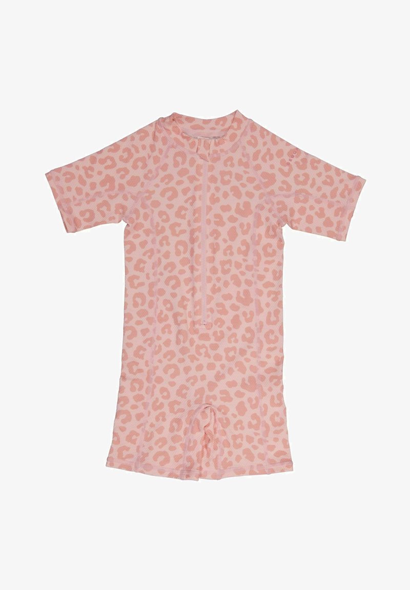 Vaaleanpunainen lyhythihainen uimapuku, jossa on leopardikuosiset koristemaalaukset, edessä vetoketju, pehmeä tekstuuri ja lyhyet lahkeet.