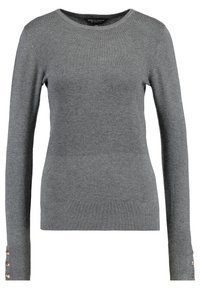 Pull gris à manches longues avec un col rond, un ourlet côtelé et des boutons décoratifs aux poignets. Confectionné en tissu doux et texturé.