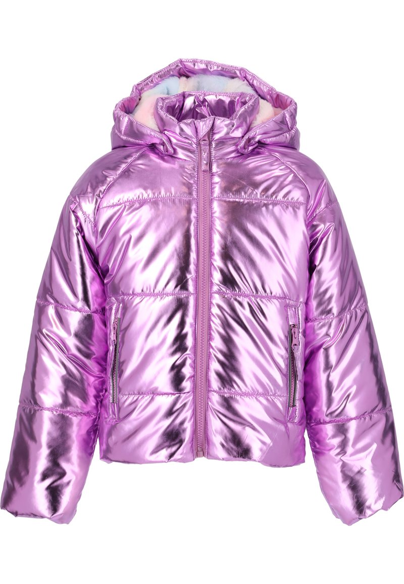 Metallisch rosa Pufferjacke mit Kapuze, ausgestattet mit einem Reißverschluss vorn und zwei seitlichen Reißverschlusstaschen. Gepolstertes Design und glatte, glänzende Textur.