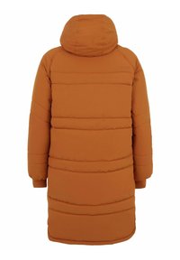 Brun pufferjakke med hætte, der har kviltede sektioner og elastiske manchetter. Designet er knælængde med en glat, mat finish.