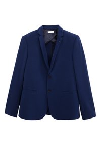 Granatowy żakiet o fakturowanej tkaninie, z wyciętym kołnierzem, zapinany na dwa guziki, z dwoma przednimi kieszeniami. Podszewka wewnętrzna o subtelnym połysku.