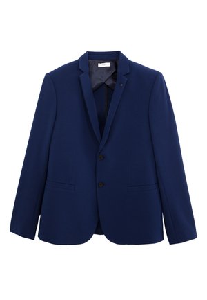 Blazer bleu marine en tissu texturé, avec revers cranté, fermeture à deux boutons et deux poches avant. Intérieur doublé avec un léger éclat.