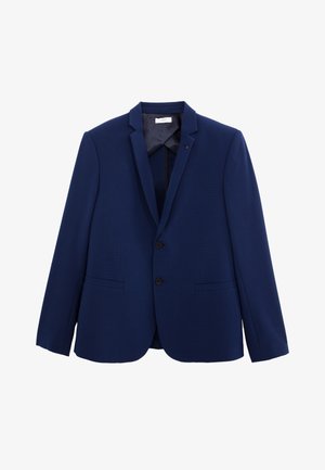 Blazer azul marino con tejido texturizado, solapa con muesca, cierre de dos botones y dos bolsillos frontales. Interior forrado con un ligero brillo.