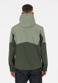 Green and gray waterproof jacket with a high collar, smooth texture, and contrasting color blocking design. Features adjustable hood and seams.